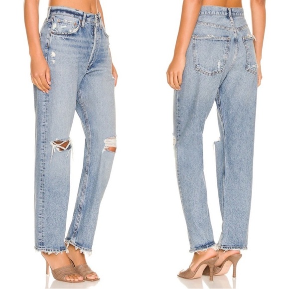 Agolde Blue Distressed Straight Leg Jeans - Picture 3 of 16